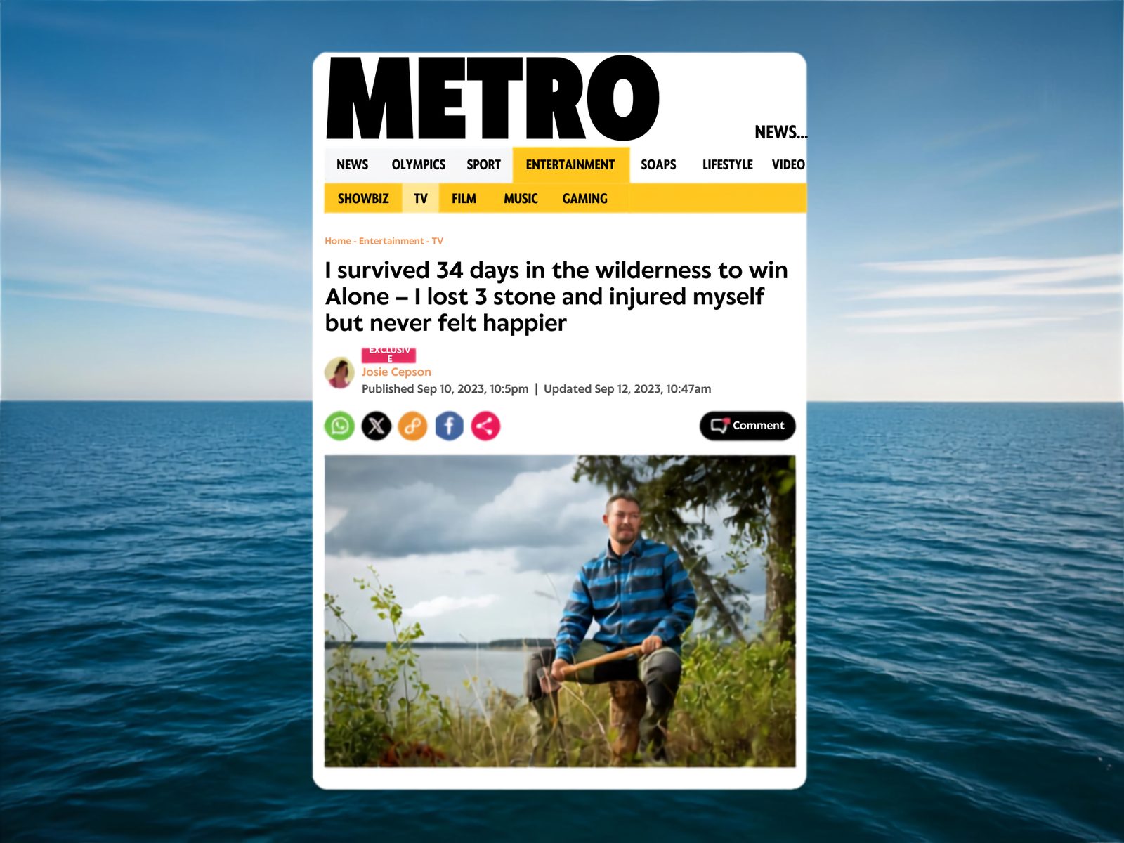 Tom Williams, Alone winner, in wilderness. "I survived 34 days," Metro article.